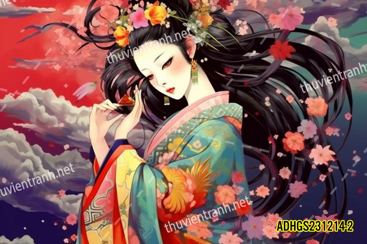Tranh dán tường hoa cô gái Geisha Nhật Bản-ADHGS231214-2 - Tranh tường chất lượng cao